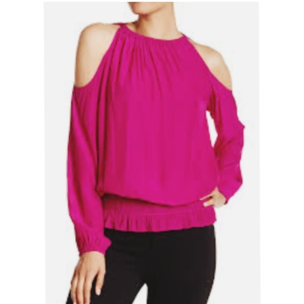 Sexy Hot Pink Satin Long Cold Sleeve Shirred Waist Keyhole Back Top like new